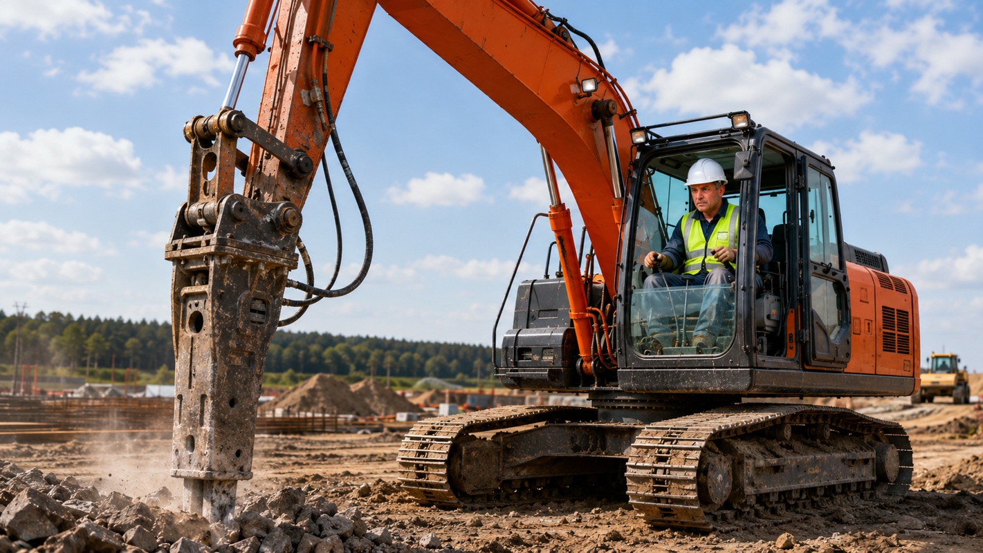 Машинист экскаватора на Hitachi ZX450LCH-3 с гидромолотом